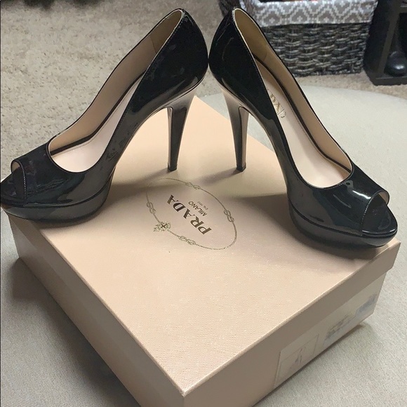 Prada Black Patent peep toe pumps size 37.5 - Picture 2 of 8